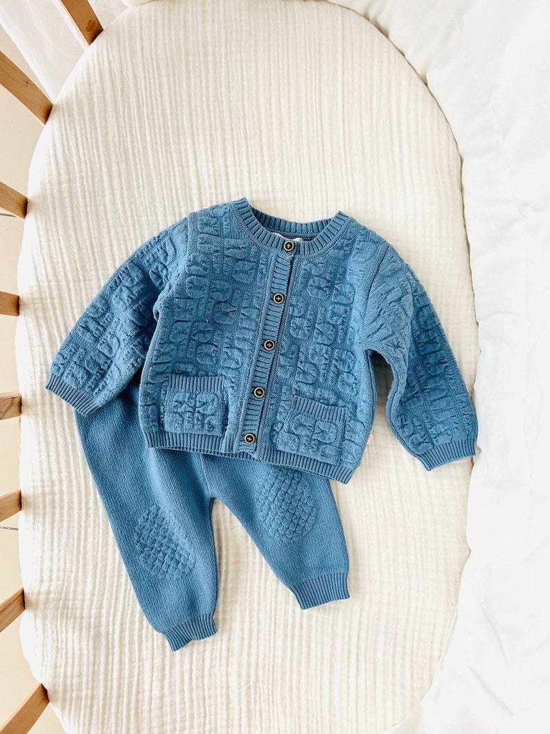 Knitwear baby suit, Baby knitted jacket, Toddler knitwear, Baby pants, Baby knitwear, Baby photo props, Baby boy outfit, Baby shower gift Niebieski