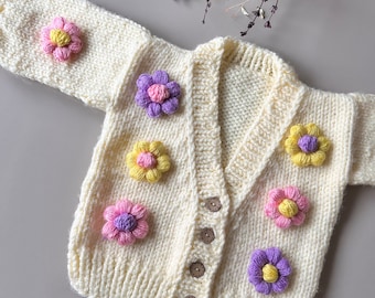 Floral Cardigan, Daisy Powder Cardigan, Baby Cardigan Hand Knit Cardigan, Hand knitted children's Cardigan, Floral Sweater