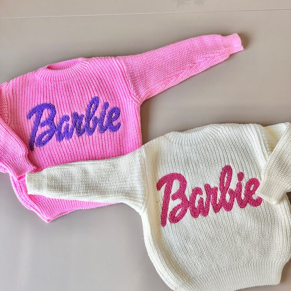 Barbie Sweater, Bright Pink Sweater, Baby Gifts, Personalized Gifts, Embroidery Patterned Sweater, Barbie Kids Sweater, Pink Barbie Sweater