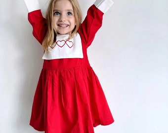 Hearted Detailed Vintage Linen Dress, Baby Dress, Kids Dress, Long Sleeves Bow Sash Ruffle for Kids, Linen Girl Dress,Skirt Girl