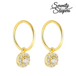 24K Gold Plated 925 Solid Sterling Silver Sleeper Huggie Hoop Charm Earrings For Women | Round Micro Pave | Dainty Zirconia Earrings