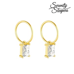24K Gold Plated 925 Solid Sterling Silver Sleeper Huggie Hoop Charm Earrings For Women | Rectangle CZ | Dainty Zirconia Earrings