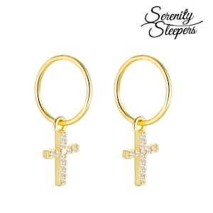 24K Gold Plated 925 Solid Sterling Silver Sleeper Huggie Hoop Charm Earrings For Women | Cross | Dainty Zirconia Earrings