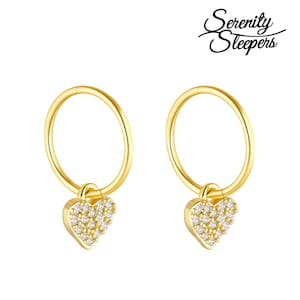24K Gold Plated 925 Solid Sterling Silver Sleeper Huggie Hoop Charm Earrings For Women | Heart Micro Pave | Dainty Zirconia Earrings