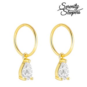 24K Gold Plated 925 Solid Sterling Silver Sleeper Huggie Hoop Charm Earrings For Women | Pear CZ | Dainty Zirconia Earrings