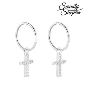 925 Solid Sterling Silver Sleeper Huggie Hoop Charm Earrings For Women | Cross | Dainty Zirconia Earrings - Mini Cross Hoops