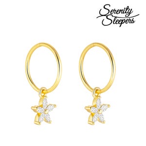 24K Gold Plated 925 Solid Sterling Silver Sleeper Huggie Hoop Charm Earrings For Women | Flower | Dainty Zirconia Earrings