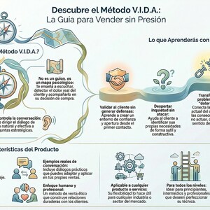 May include: Informational graphic with the title "Descubre el Método V.I.D.A.: La Guía para Vender sin Presión" in Spanish. The graphic uses a compass and map theme to illustrate sales techniques, including downloadable PDF content.