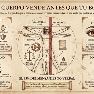 Puede incluir: Infografía en español con una figura al estilo del Hombre de Vitruvio, diagramas del cerebro, ojos y lenguaje corporal. El texto destaca la comunicación no verbal en las ventas, con la frase "Tu cuerpo vende antes que tu boca."