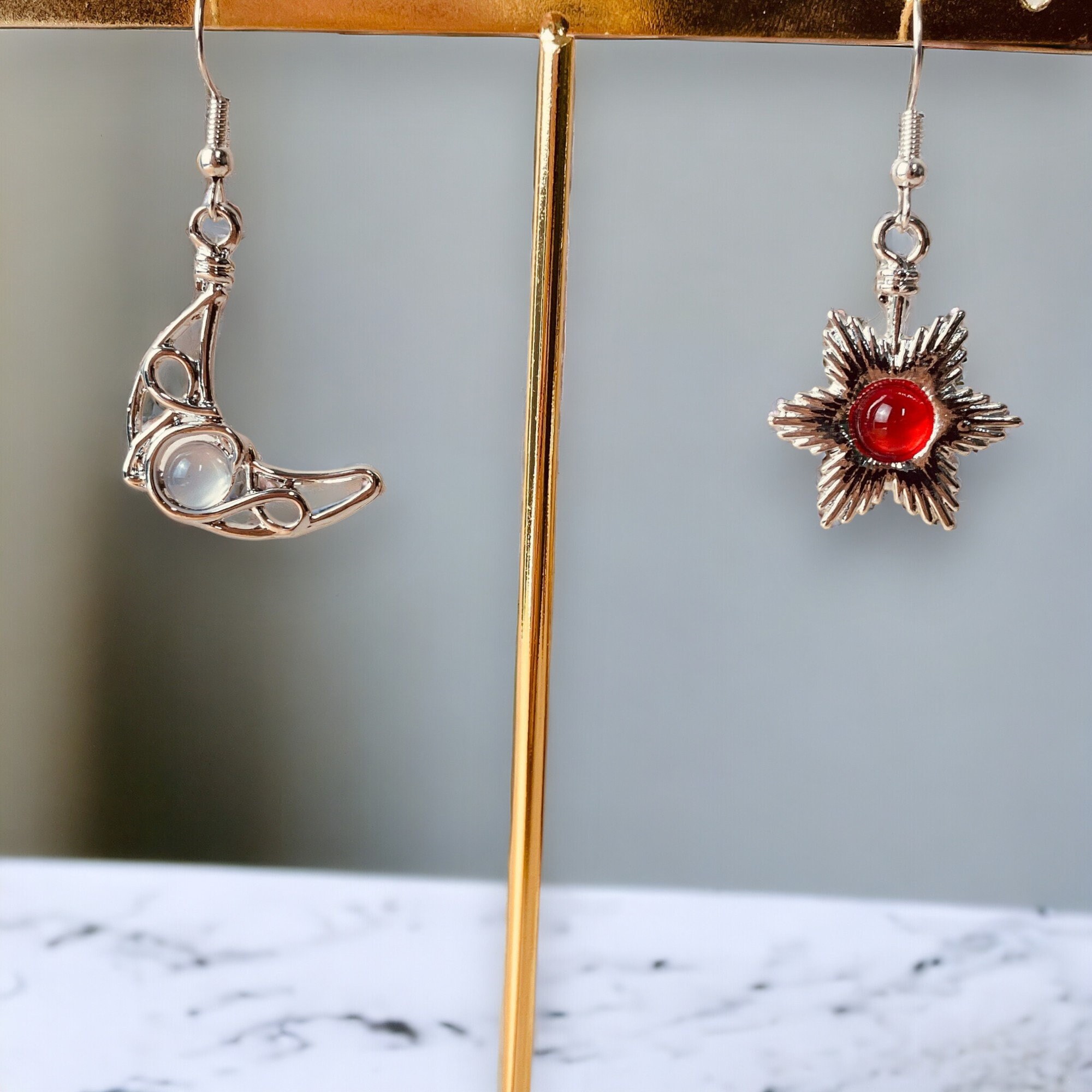 Boho Stern-Mond Ohrringe – Silber, Lang, Pentagramm Mit Onyx, Style A