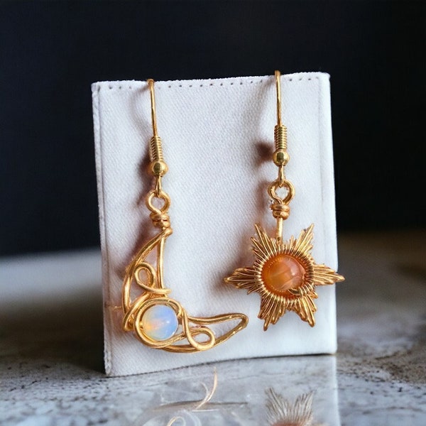 Crystal Sun and Moon Earrings,Dangle Earrings,Wire Wrap Crystal Earrings,ORIGINAL Sun and Moon Wire-Wrap Crystal Earrings,Boho Style Jewerly