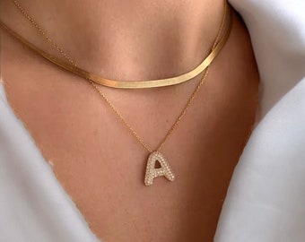 Pave Bubble Diamond Initial Ketting A-Z, Bubble Letter Ketting, CZ Initialen Letter, Crystal Bubble Ketting, Sierlijke Eerste Sieraden, Bieber