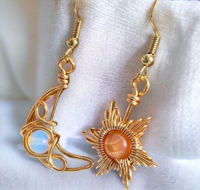 Crystal Sun and Moon Earrings,Dangle Earrings,Wire Wrap Crystal Earrings,ORIGINAL Sun and Moon Wire-Wrap Crystal Earrings,Boho Style Jewerly image 2