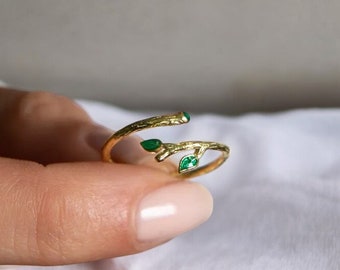 Anello di edera dal design originale per donne, gioielli estivi, anello di foglie di edera, anello di foglie verdi, anello di dichiarazione, anello di smeraldo, anello da mignolo, anello di pietra grezza