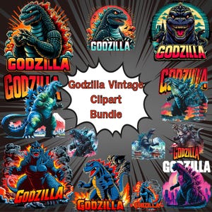 Godzilla Vintage Clipart Bundle, Retro Neon Japanese Style, Sublimation PNG, Sticker, Shirt, Godzilla Clipart, Digital Download, Kaiju PNG