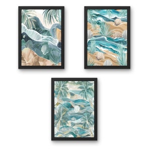 Coastal Palm Tree Wall Art, Beach Waves and Seashells Art, Tropical Ocean Scene, Digital Download, Seashell Design Printable, Boho Wall Art