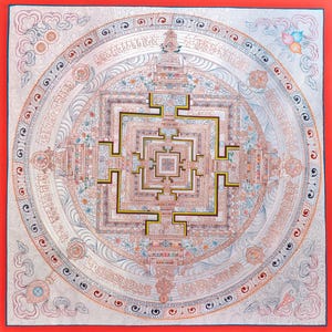 Hand-Painted Tibetan Mandala Thangka: Kalachakra, Lotus Mantra, Padmapani