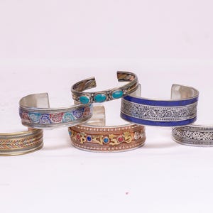 Nepalese Artisanal Cuff Bracelets - 6 Unique Tibetan Brass Bangles for Him & Her