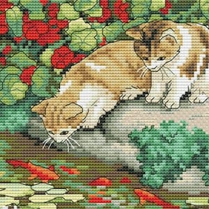 Cross Stitch Pattern Kitten Reflections PDF Instant Download Two kittens and pond flowers