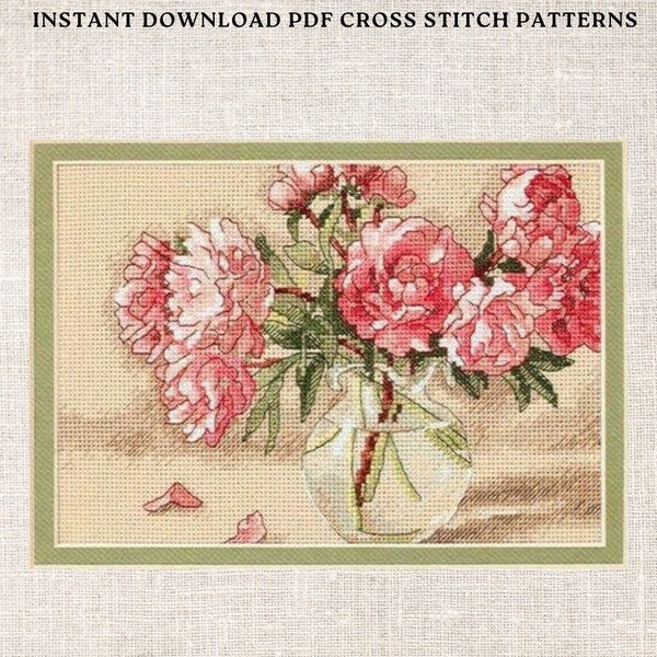 Peonies in vase Cross Stitch Pattern Flowers cross stitch pattern PDF Instant Download
