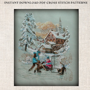 May include: A cross stitch pattern depicting a winter scene with two children playing hockey on a frozen pond in front of a snow-covered village. The village features a watermill and several houses with snow-covered roofs. The children are wearing winter clothing and holding hockey sticks. A dog is running on the ice behind them.
