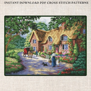 May include: A cross stitch pattern depicting a quaint cottage with a thatched roof, set amidst verdant foliage and vibrant blooms. A horse-drawn carriage is parked on the driveway, and two figures are walking towards the house.