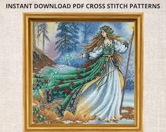 Woodland Enchantress Cross Stitch PDF Pattern Woodland fairy in a lush forest Cross Stitch Pattern  PDF Instant Download