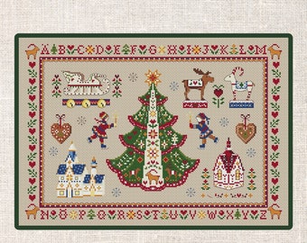 May include: A cross stitch pattern featuring a Christmas tree, a sleigh, a reindeer, a house, and other festive elements. The pattern includes the alphabet and the words "INSTANT DOWNLOAD PDF CROSS STITCH PATTERNS".