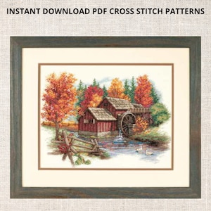 May include: A cross stitch pattern of a red wooden watermill with a water wheel, surrounded by autumn trees with orange, red, and yellow leaves. Two white ducks are swimming in the water below the mill.