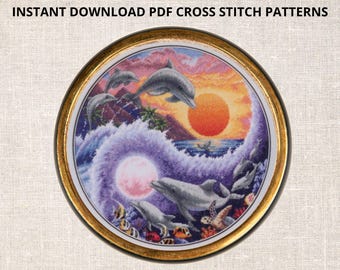 Sun and moon dolphins Cross Stitch PDF Pattern Deep Sea Fish Cross Stitch Pattern Instant PDF download