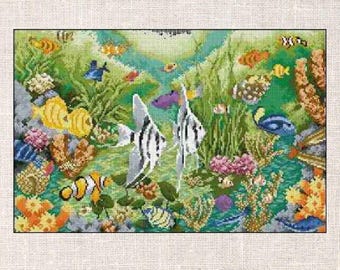 Under the Sea Cross Stitch Pattern PDF | Dolphins & Coral Reef Design | Underwater Ocean Scene Embroidery Chart
