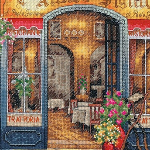 Peut inclure: Une peinture représentant un restaurant avec une enseigne indiquant "Trattoria di Paolo Giovanna". Le restaurant possède une grande fenêtre offrant une vue sur l'intérieur, qui est décoré de tables et de chaises. Il y a des pots de fleurs à l'extérieur du restaurant.