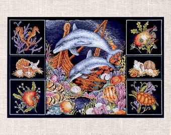 Wonders of the Reef Cross Stitch Pattern PDF | Dolphins & Coral Reef Design | Underwater Ocean Scene Embroidery Chart