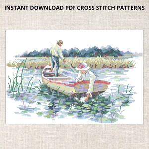 May include: A cross stitch pattern depicting two people in a boat on a lake. The boat is yellow with a red stripe. The people are wearing hats and fishing. The lake is surrounded by green reeds and trees. The water is blue and green.