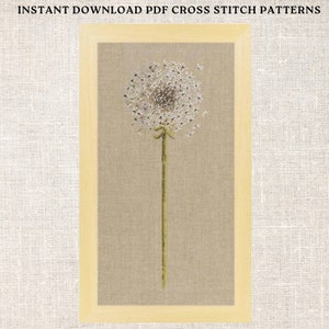 Puede incluir: Un patrón de punto de cruz de un diente de león con semillas blancas que se dispersan en el viento. El diente de león es verde y marrón y está enmarcado en un marco de madera claro.