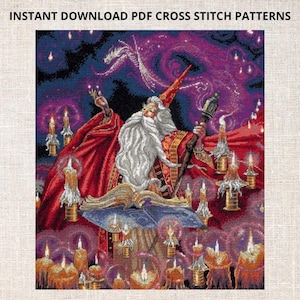 以下が含まれることがあります： 長い白いひげを生やした魔法使いが、赤いローブと尖った帽子をかぶり、先端に灯りがともった杖を持っているクロスステッチのパターンです。彼はろうそくに囲まれ、彼の頭上にはドラゴンが飛んでいます。このパターンは「インスタントダウンロードPDFクロスステッチパターン」と呼ばれています。