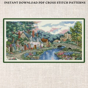 May include: Cross stitch pattern featuring a picturesque village scene with a bridge over a river, surrounded by lush greenery and charming cottages. The pattern includes a variety of colors, including shades of green, blue, brown, and white.