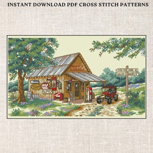 May include: Cross stitch pattern of a vintage petrol station with a red car, green trees, and a sign that reads "Mike's Garage".