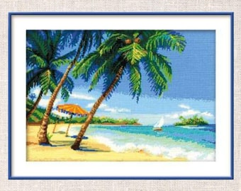 Tropical Beach Cross Stitch Pattern PDF | Palm Trees & Ocean Landscape | Coastal Summer Embroidery Design | Instant Download