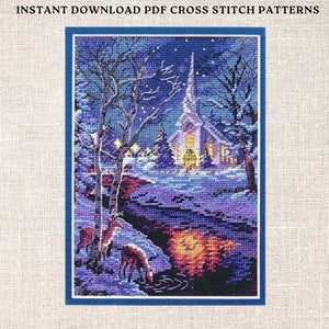 May include: A cross stitch pattern featuring a snowy winter scene with a church, trees, and two deer. The church has a lit window and the sky is dark blue with stars. The pattern is perfect for a holiday craft project.