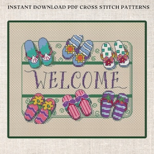 May include: Cross stitch pattern for a welcome mat featuring a selection of colourful flip flops and the word "WELCOME" in the centre.