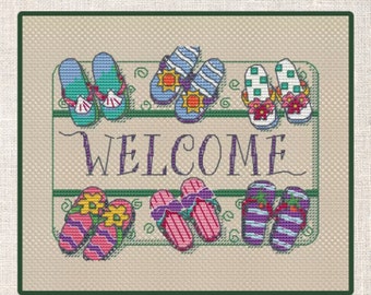 May include: Cross stitch pattern for a welcome mat with a variety of colorful flip flops and the word "WELCOME" in the center.