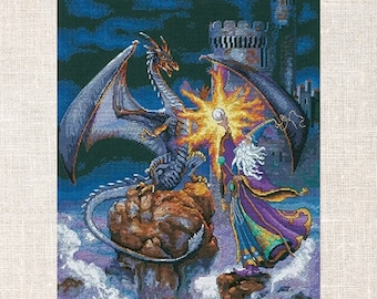 Cross Stitch PDF Pattern Magnificent Wizard Cross Stitch Pattern Dragon cross stitch pattern PDF Instant Download