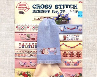 Patrones de bordes y toallas de punto de cruz vintage (PDF) / Diseños de bandas decorativas, alfabetos y cocinas de los años 90 / Descarga instantánea