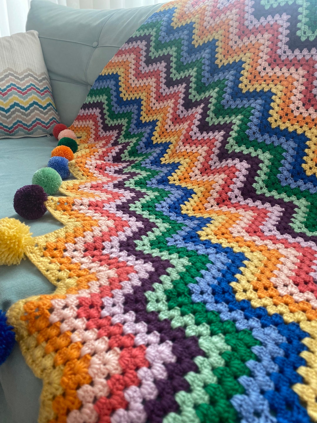 Handmade Crochet Throw With Vibrant Colours , Ripple Crochet TV Blanket, Finished With