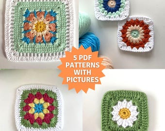 Crochet Grandma Square Muster PDF Bundle, Florale Häkelanleitungen mit Schritt für Schritt Bild Anleitung für Anfänger bis Fortgeschrittene