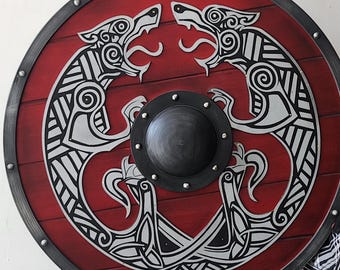 Handcrafted Wooden Viking Shield | Norse Wolf Design, Medieval Decor