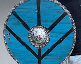 Handmade Viking Shield: Blue Norse Decor, Cosplay Prop