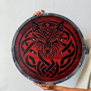 Viking Wolf Shield - Handcrafted Norse Wooden Shield for Wall Decor or Cosplay - Red and Black Tribal Wolf - Nordic Wall Art Gift