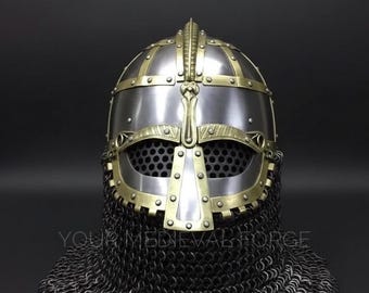 Handmade Steel Viking Helmet | Brass Trim Chainmail Aventail, Adult Size